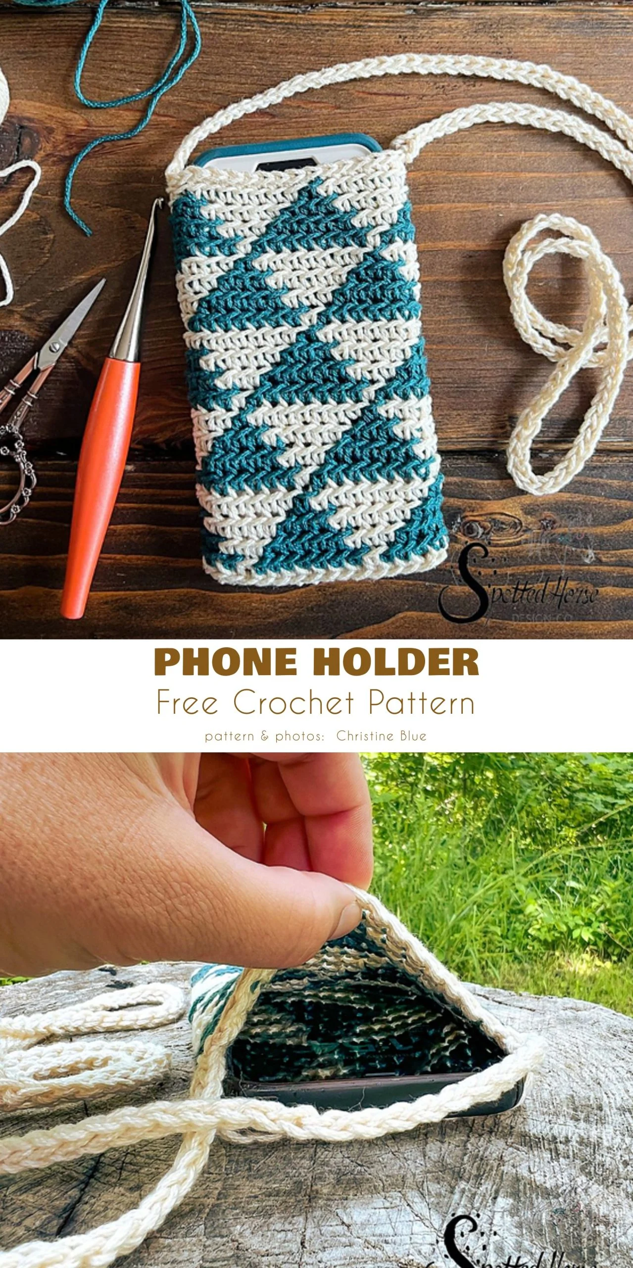 Crocheted phone case holder with a blue and white geometric pattern, shown with a crochet hook and yarn, plus a close-up of the pocket being opened.
