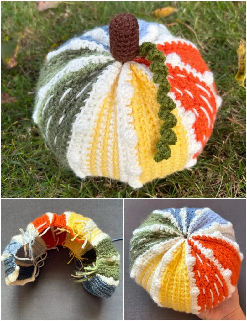 A multicolored crocheted pumpkin with a brown stem and green leaf is shown from three anglesโtop view, bottom view, and side viewโon grass. For more creative crochet inspiration, check out magazine@yourcrochet.com.