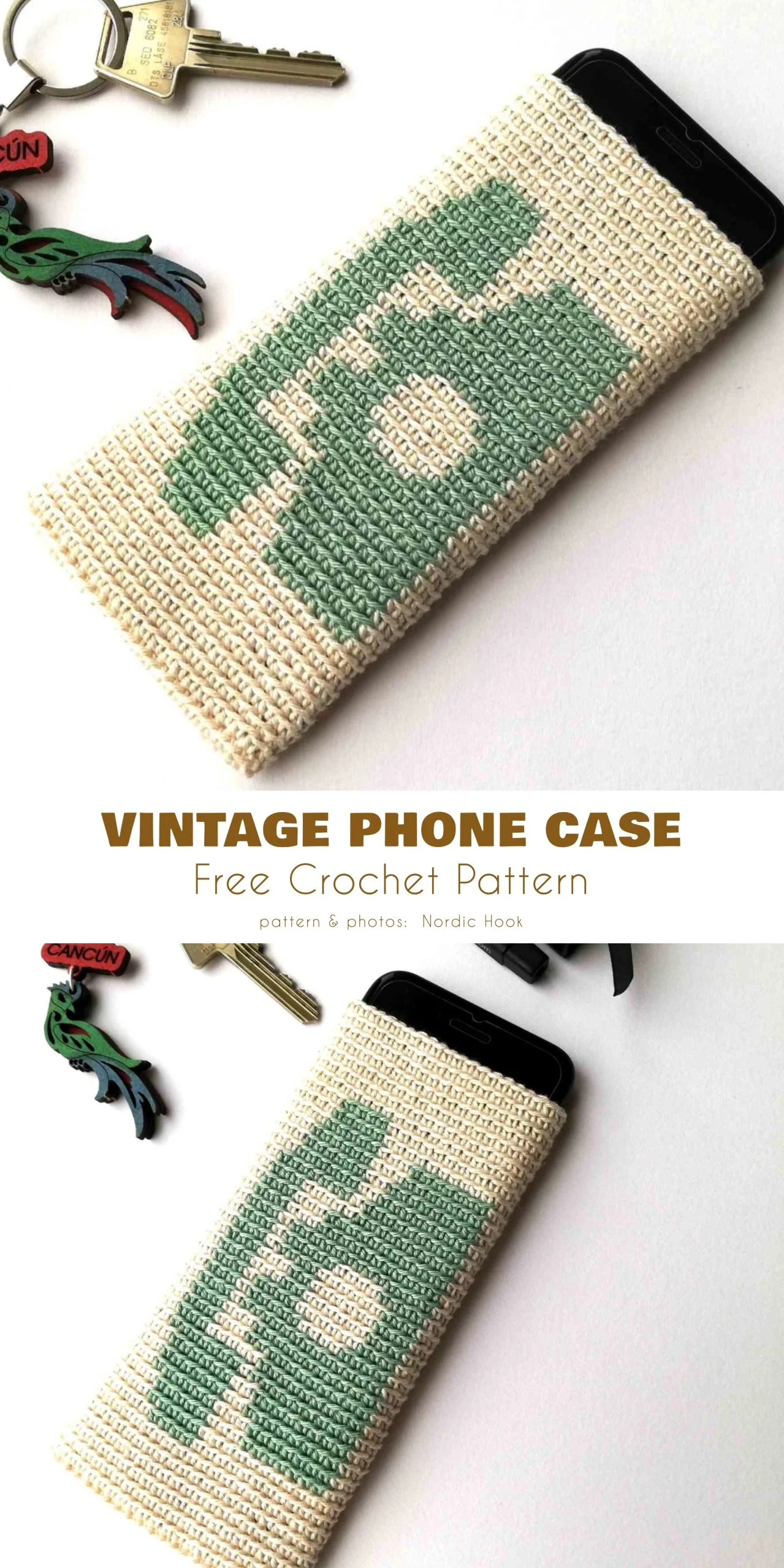 A crocheted phone case featuring a green vintage phone design rests beside keys on a white surface. Text reads: "Vintage Phone Case Free Crochet Pattern." It's the perfect accessory for any fan of unique crocheted phone cases.