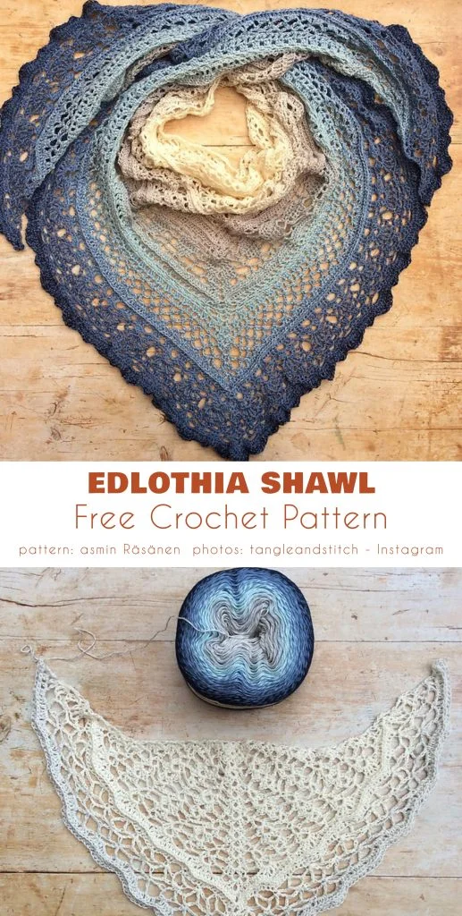 Three crocheted shawls in gradient blue, cream, and beige tones displayed on a wooden surface, with a yarn cake and crochet pattern details labeled below—perfect inspiration for anyone seeking free crochet patterns.