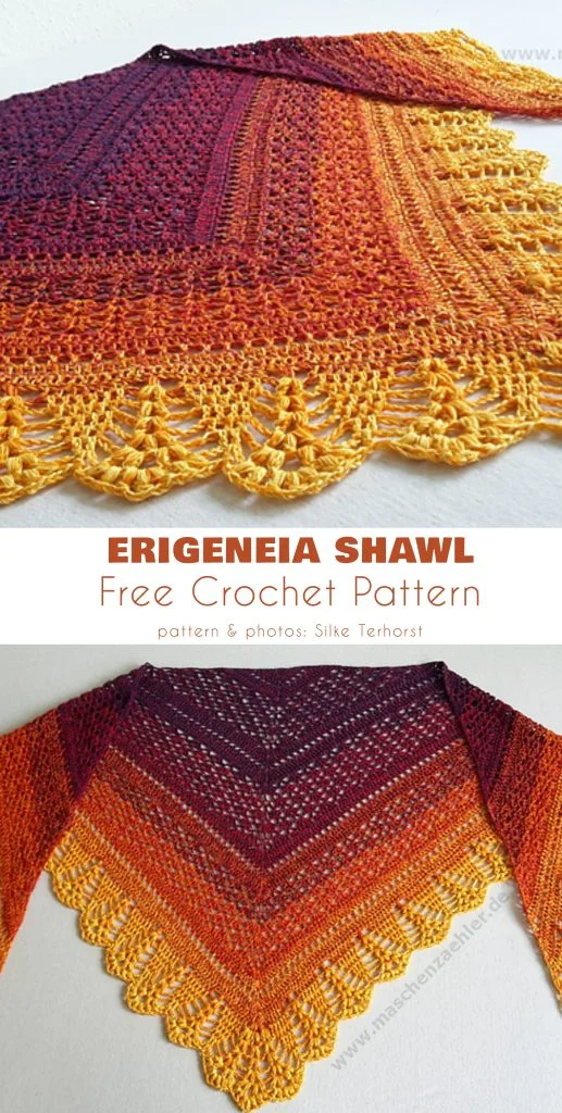 Triangular crochet shawl with a gradient pattern in yellow, orange, and burgundy, finished with a lacy border. Text reads “Erigeneia Shawl Free Crochet Pattern”—a stunning addition to your collection of free crochet patterns.