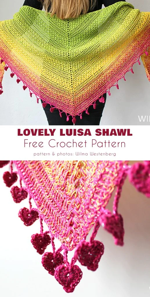 Person holding a triangular crochet shawl with yellow, green, and pink gradient colors and heart-shaped tassels at the edges—perfect inspiration for your next project or to find free crochet patterns.