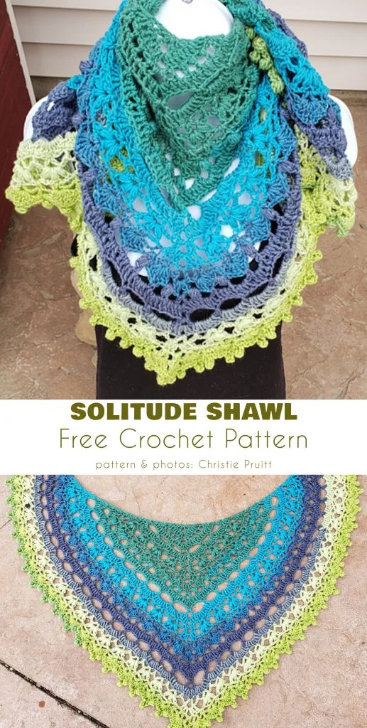A multicolored crochet shawl in shades of green, blue, and gray is displayed on a mannequin and laid flat, with text promoting free crochet patterns for the stunning Solitude Shawl.