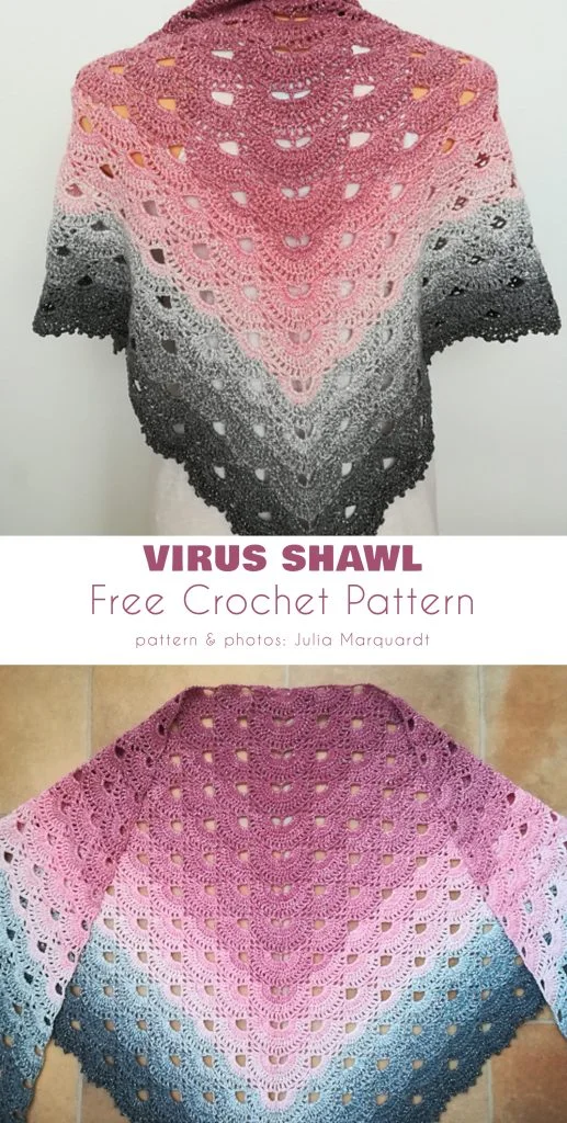 A crochet shawl with a gradient pattern from pink to gray, displayed on a mannequin and flat surface, featuring text reading "Virus Shawl Free Crochet Pattern"—a beautiful addition for fans of free crochet patterns.