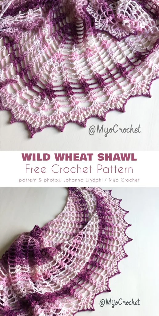 A lacy, crescent-shaped crochet shawl in white, pink, and purple is displayed, promoting the "Wild Wheat Shawl" by Mijo Crochet—one of the stunning free crochet patterns available.