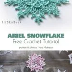 Crochet snowflake patterns in vibrant teal, pink, and white are artfully displayed on a textured surface. Discover the magic with a text overlay offering a free crochet tutorial by Irina Maleeva.