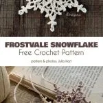 Crocheted snowflakes grace a wooden background and open books, with the text: 
