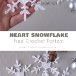 A hand holds a crocheted heart-shaped snowflake, accompanied by a collection of other delicate crochet snowflake patterns and silver ornaments on a gray background. The 