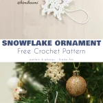 Three crocheted snowflake ornaments, crafted using intricate crochet snowflake patterns, are displayed on a light surface and hung on a Christmas tree adorned with gold baubles.