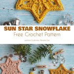 Crochet star and snowflake patterns, including free ones, are displayed on a wooden surface with pine branches, beads, and a cup of tea.