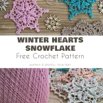 Crochet snowflakes in various colors grace a wooden surface, complemented by a large spool of pink thread and small wooden snowflake cutouts. The text reads 