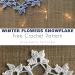 Crocheted blue and white snowflakes on a wooden surface, illuminated by fairy lights, with text: 