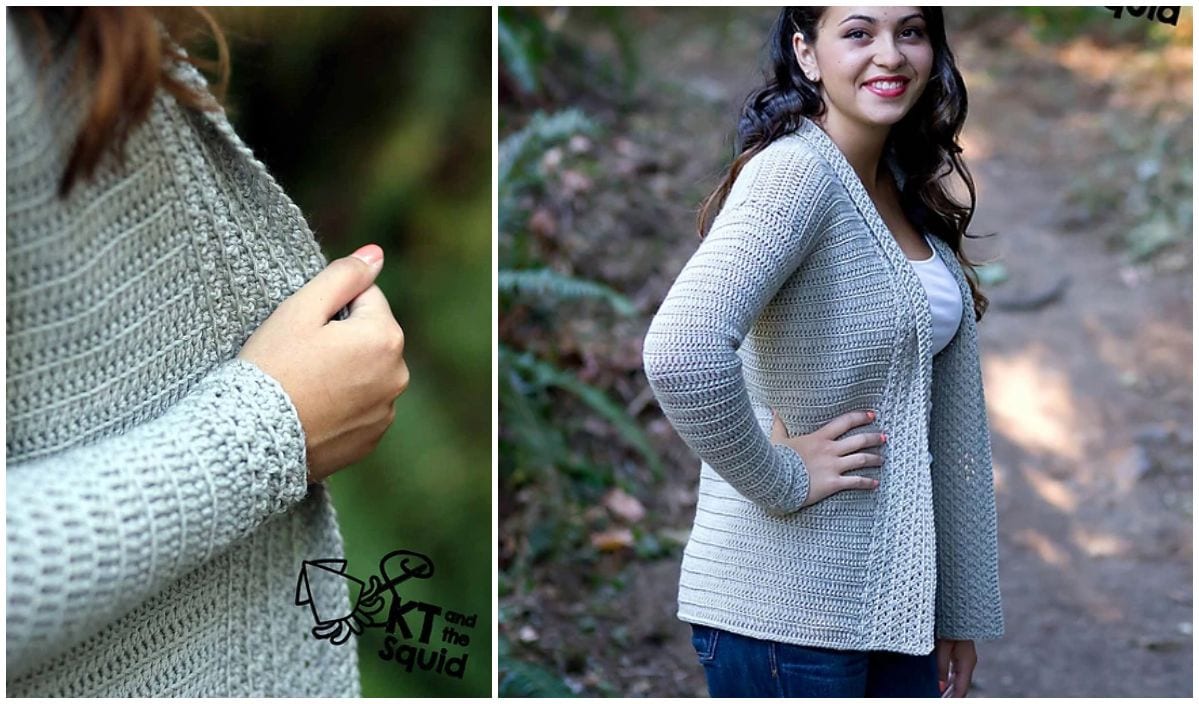 A woman outdoors dons a light gray textured cardigan, perfect for all seasons, layered over a white top. A close-up showcases the knit pattern and her hand. The logo "KT and the Squid" graces the image, embodying elegance found in free crochet patterns for trendy cardis.