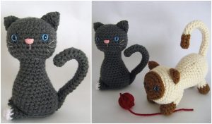Two images showcase adorable crocheted cats: a gray one sitting calmly and a playful Siamese entangled with a red yarn ball. Discover these delightful creations through free crochet patterns that capture the charm of feline antics.