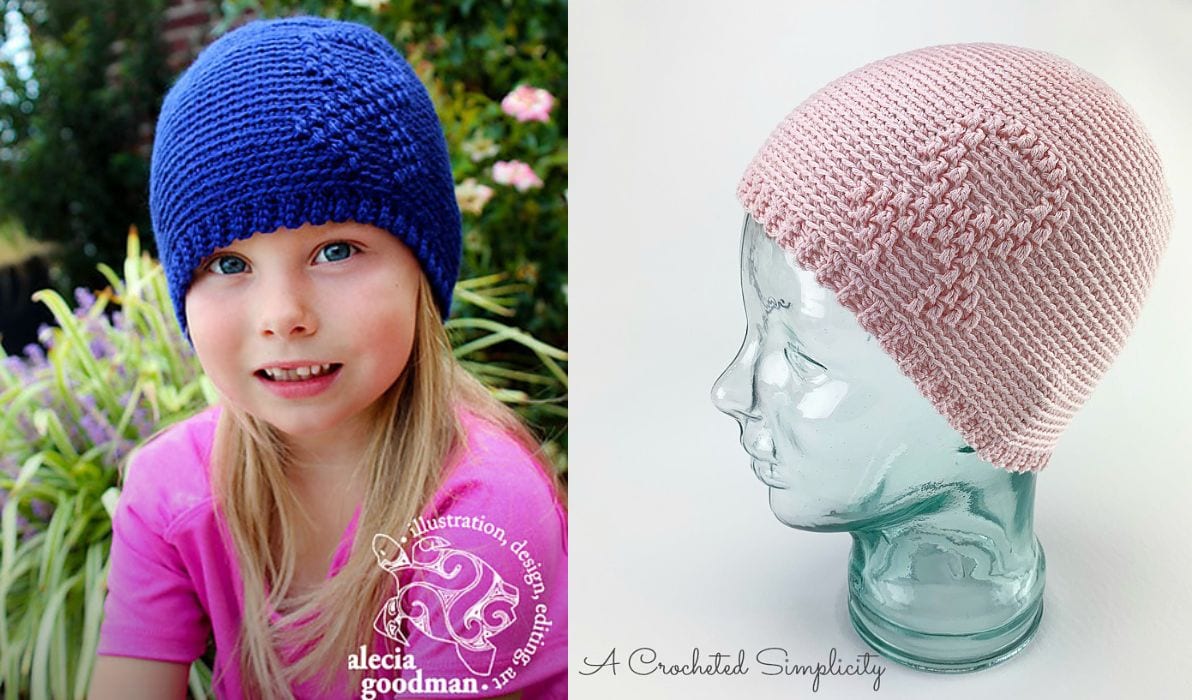 A child sporting a blue crocheted hat outdoors, while indoors, a pink crocheted hat rests on a glass head, both showcasing intricate crochet patterns.