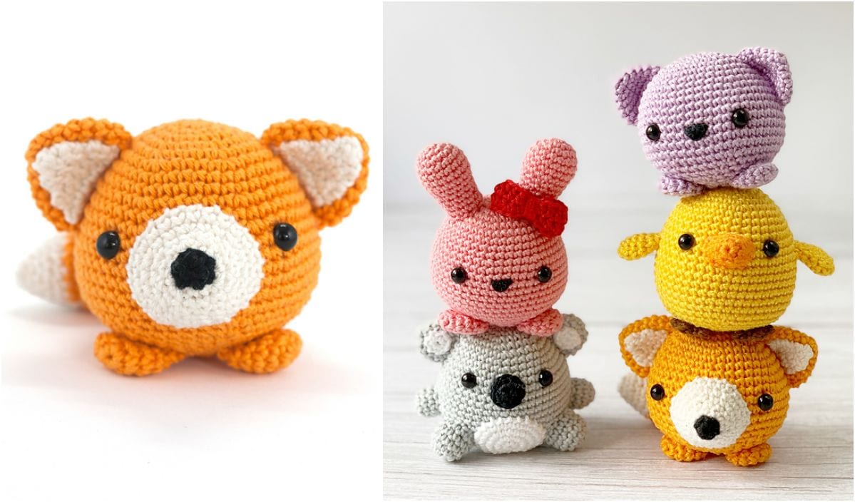 Discover a whimsical tower of crocheted animals featuring an orange fox, pink rabbit, gray koala, yellow chick, and purple cat stacked together. Explore free crochet patterns to create your own cuddly companions!