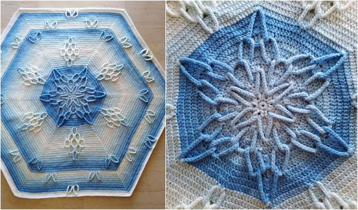 Hexagonal blue and white crocheted blanket with a central star pattern, shown fully and in close-up. Discover unique crochet patterns that elevate your crafting skills.