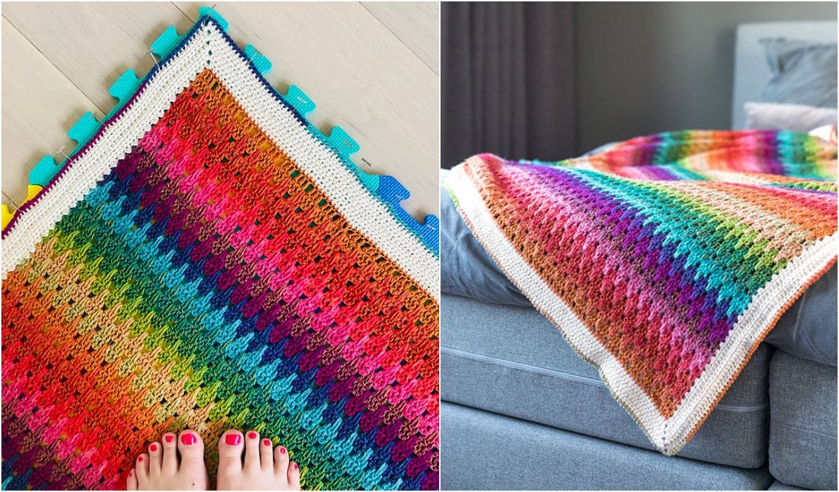 Two crochet blankets featuring vibrant, rainbow patterns: one showcases feet and a corner detail in a beautiful Larksfoot Stitch Blanket, while the other is elegantly draped over a gray bed.