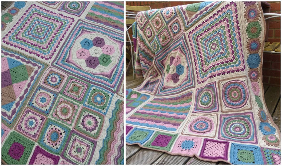 A colorful crochet blanket displayed on a wooden bench, featuring intricate crochet patterns and pastel shades of pink, purple, blue, and green. The design weaves together various geometric shapes reminiscent of the delicate artistry found in amigurumi creations.