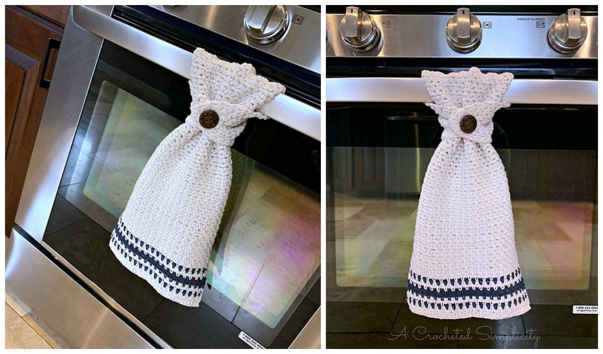 This elegant crocheted kitchen towel, crafted from free crochet patterns, features black accents and hangs stylishly on an oven handle, secured by a button.