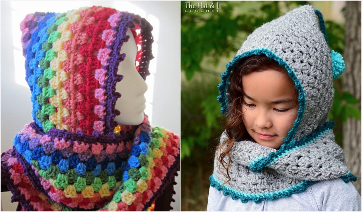 Side-by-side images showcasing crochet hoods: a vibrant Harlequin Hoodie on a mannequin and a gray hood with blue trim worn by an adult, highlighting the versatility of this crochet pattern.