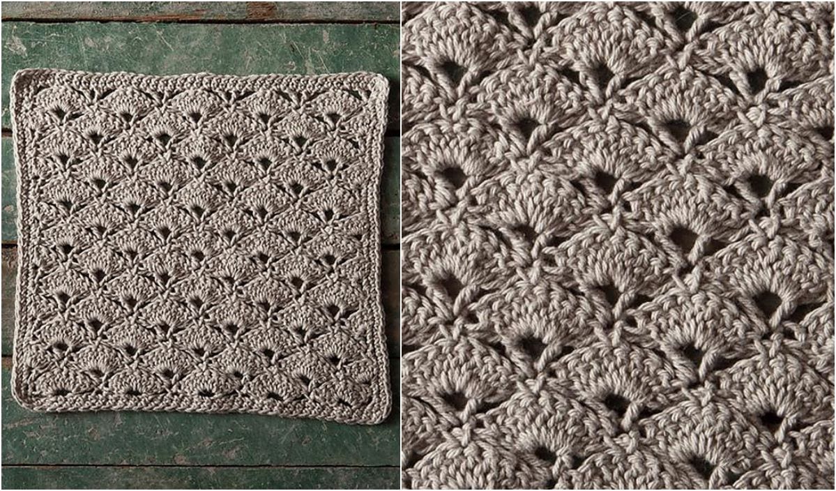 A crocheted square washcloth featuring a textured, intricate diamond pattern in a grayish hue, is beautifully displayed on a wooden surface. Get inspired by free crochet patterns to craft your own unique piece.