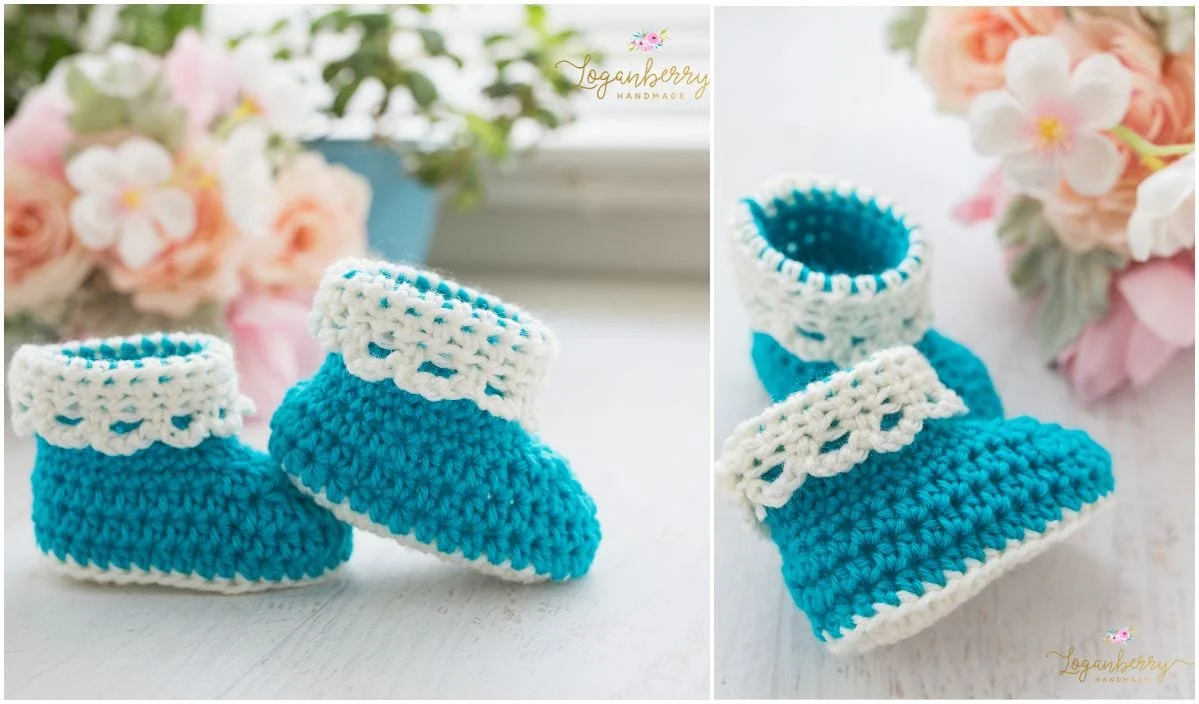 Crocheted Fall baby booties in teal and white are elegantly displayed on a light-colored surface, surrounded by pastel flowers in the background, evoking a cozy seasonal charm.