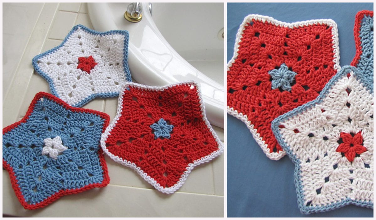 Three crocheted star-shaped trivet mats in red, white, and blue are displayed on a tiled surface with a blue fabric background, showcasing stunning crochet patterns that make even doing the dishes feel special.