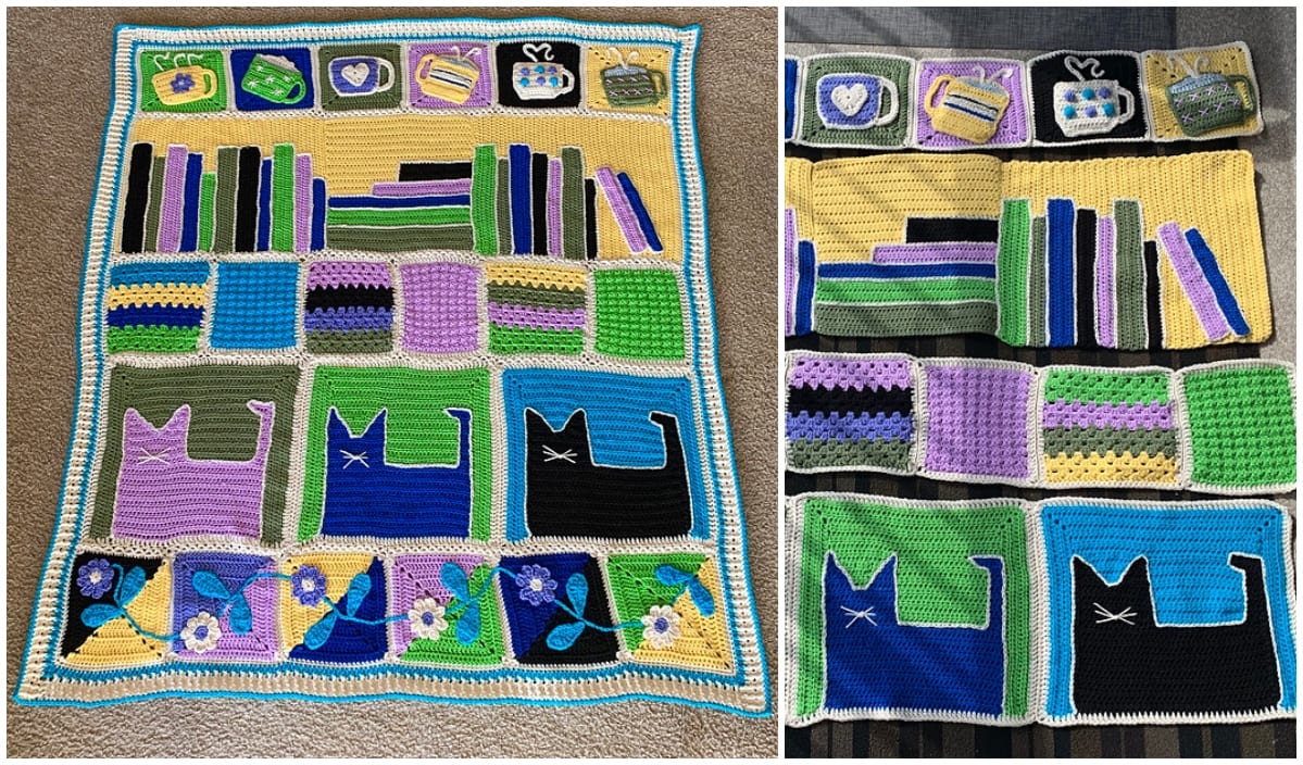 Two images of a crocheted blanket perfect for cat lovers, showcasing silhouettes of cats, books, flowers, and abstract patterns in vibrant colors. Ideal for those seeking free patterns to create their own cozy masterpiece.