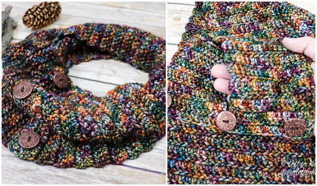 Handmade multicolored crocheted cowl with brown buttons, showcased in a circular arrangement and close-up on a wooden surface, reminiscent of the intricate design found in a Larksfoot Stitch Blanket.