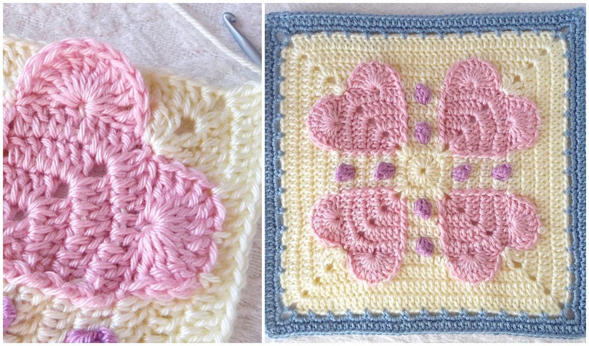 This crocheted square showcases a charming pattern of pink hearts, delicate purple dots, and a blue border against a light yellow backdrop. Partially visible tools hint at the joy of crafting with free crochet patterns.