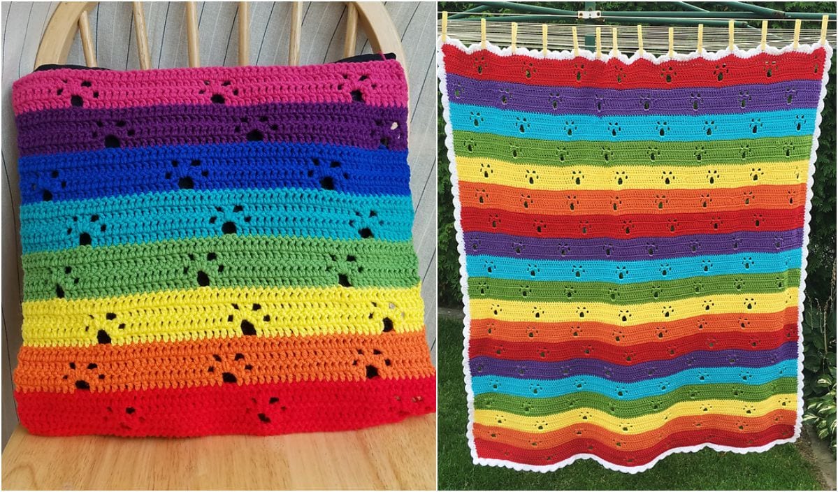 Two crochet blankets with rainbow-colored stripes and scalloped edges are displayed on a chair and clothesline. These charming pieces, created using intricate crochet patterns, are perfect for adding a splash of color to any space.