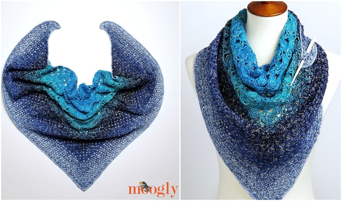 This elegant crochet pattern showcases a stunning blue gradient shawl, beautifully draped on a mannequin.