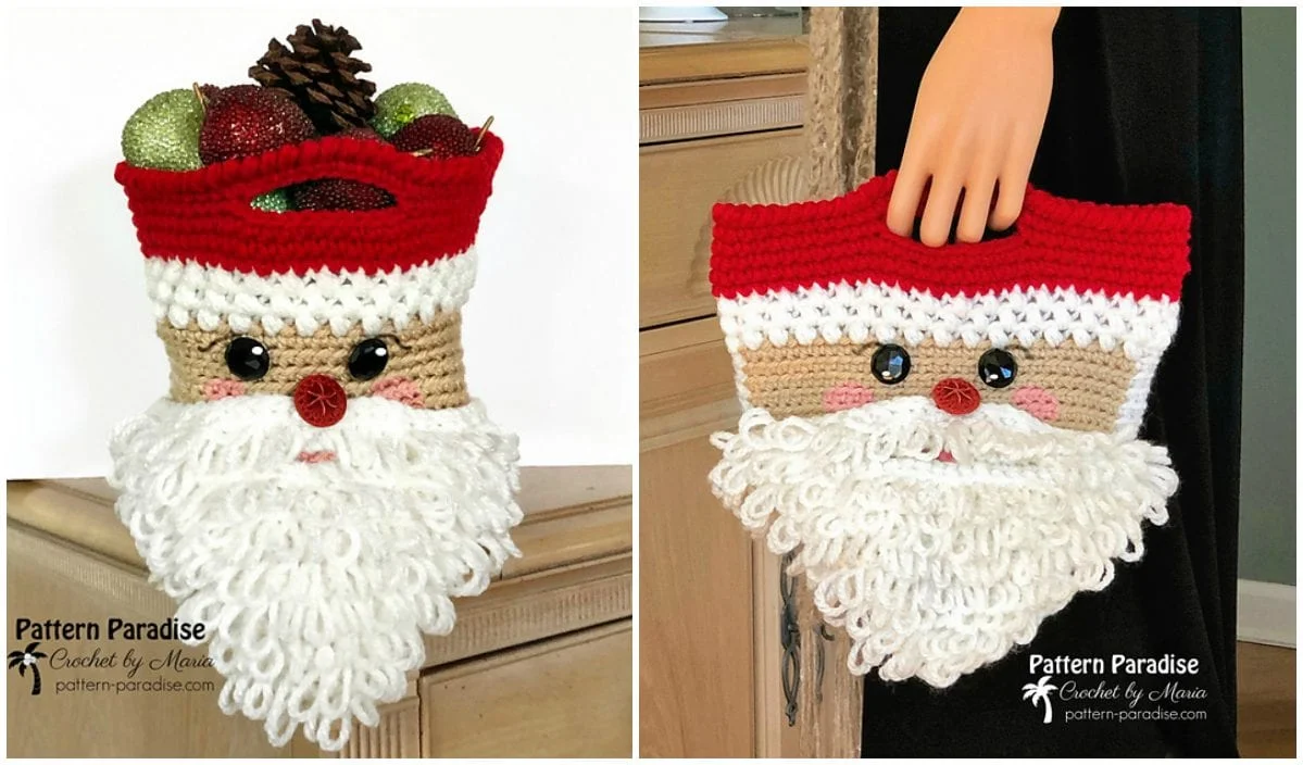 This charming crocheted bag resembles Santa's face, complete with a white beard and red hat. Perfect for Christmas projects, one image shows it used as a festive basket with decor, while another captures it being carried by hand. Ideal for adding a homemade touch to your holiday celebration.