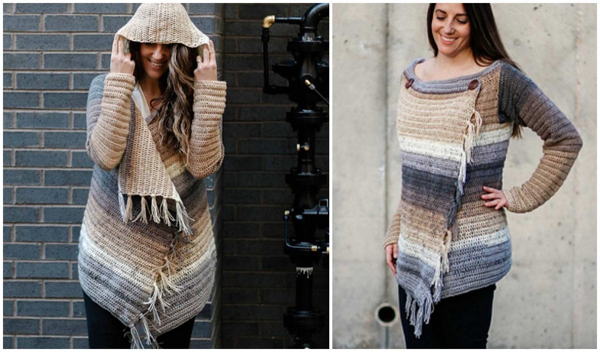 Two women modeling knitted sweaters with hoods and fringe, featuring earth-toned stripes in browns and grays. These fall cardigans exude a casual, cozy appearance perfect for chilly days.