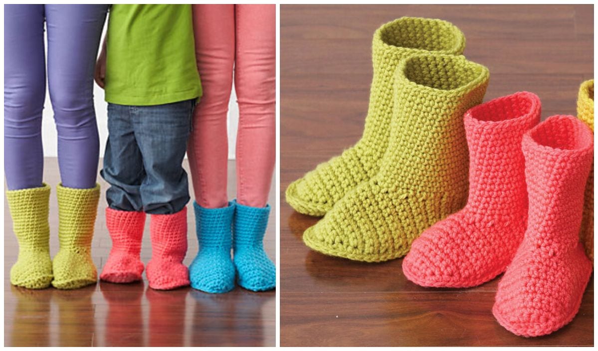 People wearing colorful crocheted slippers stand on a hardwood floor; close-up of green and pink slippers shown separately, perfect for all seasons.