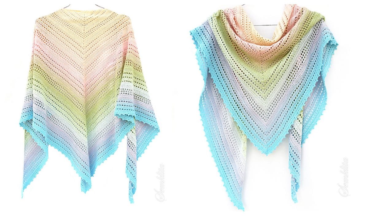 Two crocheted shawls with a gradient pattern in pastel colors gracefully transitioning from blue to cream, resembling the delicate artistry of a crochet pattern. Perfect for an adult and kid ensemble, these pieces are presented against a pristine white background.