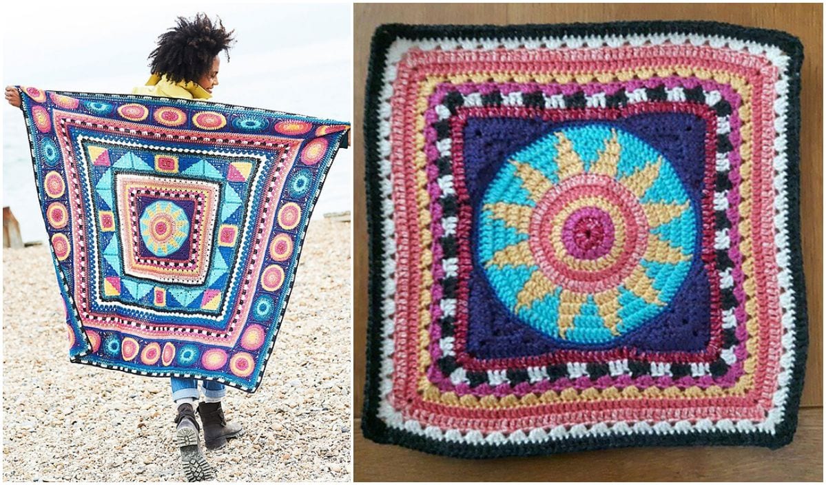 A person holds a colorful star motif crochet blanket outdoors; the close-up showcases geometric patterns in blue, pink, and yellow.