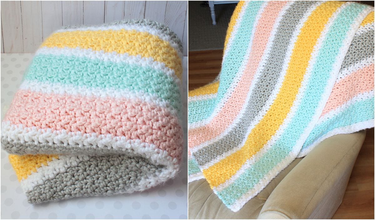 A crocheted blanket with pastel stripes in peach, yellow, mint green, and beige rests gracefully on a polka dot surface and drapes over a chair. Explore free crochet patterns to create your own cozy masterpiece.