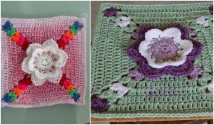 Explore these delightful crocheted square patterns: on the left, a pink square with a 3D flower motif and rainbow corners; on the right, a green square featuring a central flower and diagonal floral accents. Perfect for adding charm to your projects or exploring free crochet patterns.