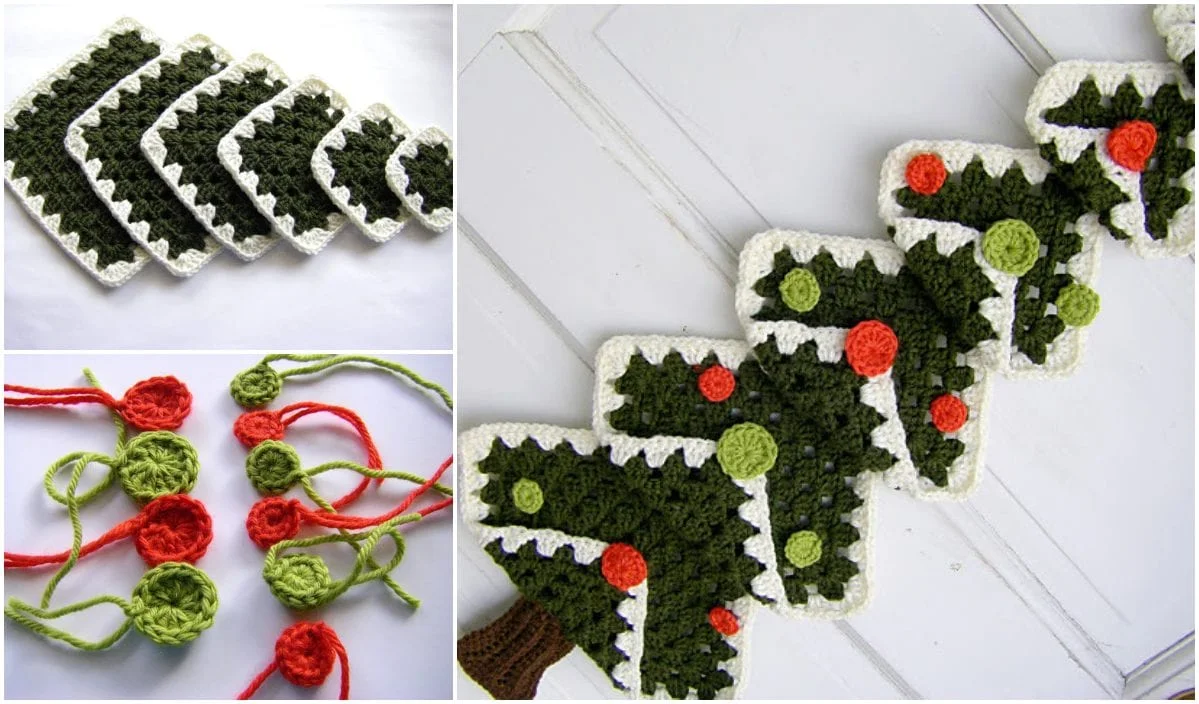 Crocheted Christmas tree garland with green trees and red ornaments. Two images highlight the intricate crochet patterns and the separated red and green yarn circles. Discover free patterns to create your own festive masterpiece.