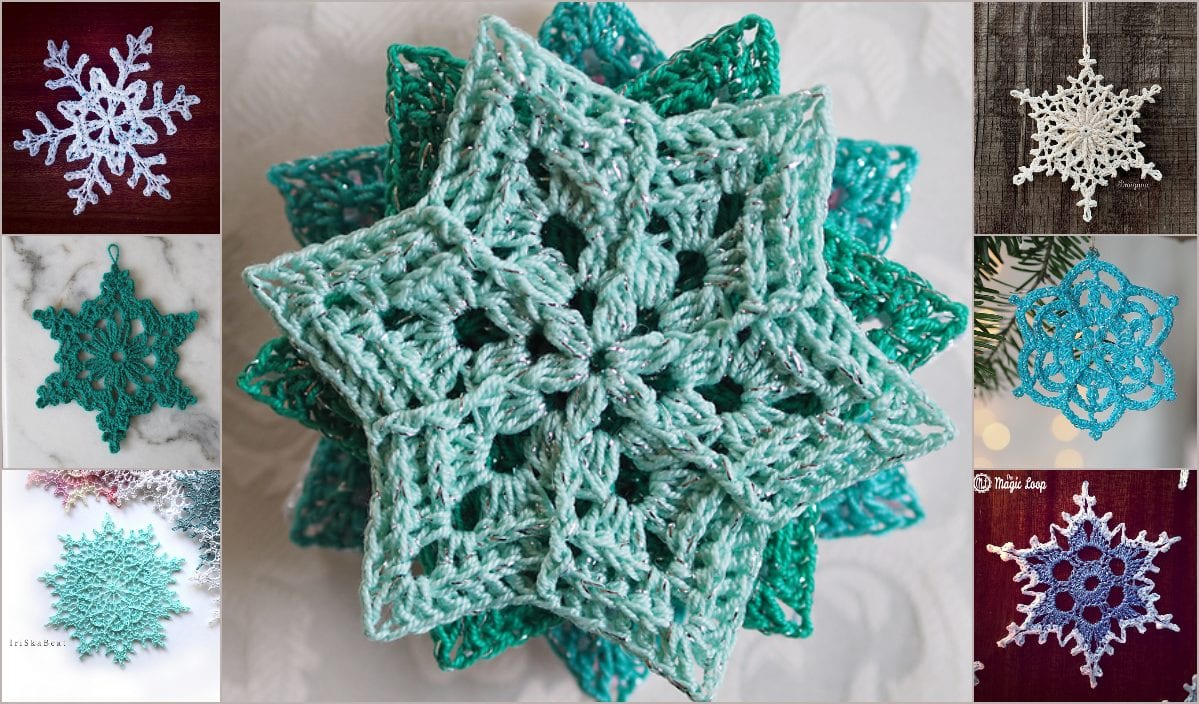 Collage of various crocheted snowflakes in different designs and shades of blue, green, and white. Central focus is a layered teal and turquoise creation. Explore the beauty with each crochet snowflake pattern showcasing unique craftsmanship.