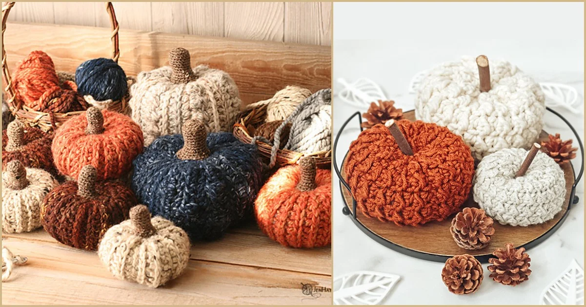 Crocheted pumpkins in various colors and textures are displayed on a wooden surface and a tray, surrounded by pine cones, creating charming fall decorations inspired by intricate crochet patterns.