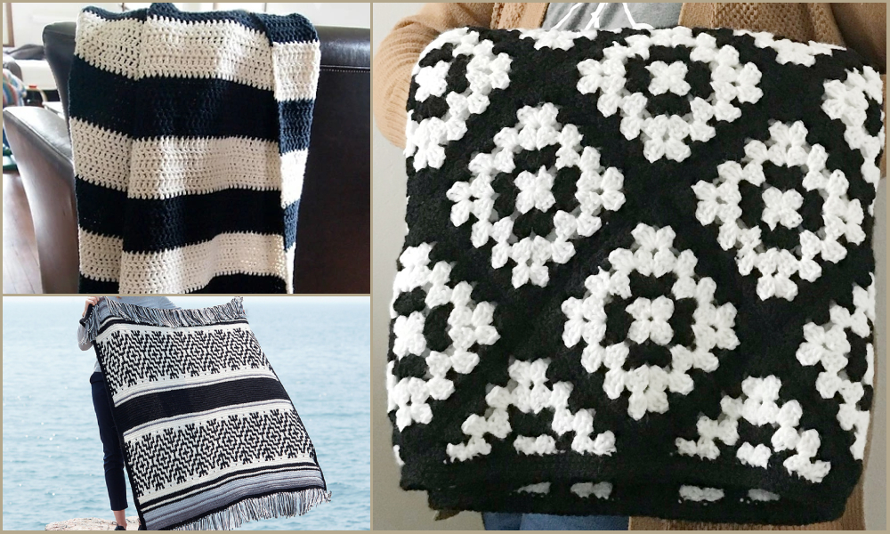 Three black and white crochet blankets showcase diverse patterns: one with wide stripes, another with geometric floral designs, and a third featuring intricate patterns with fringe, all displayed in varied settings.