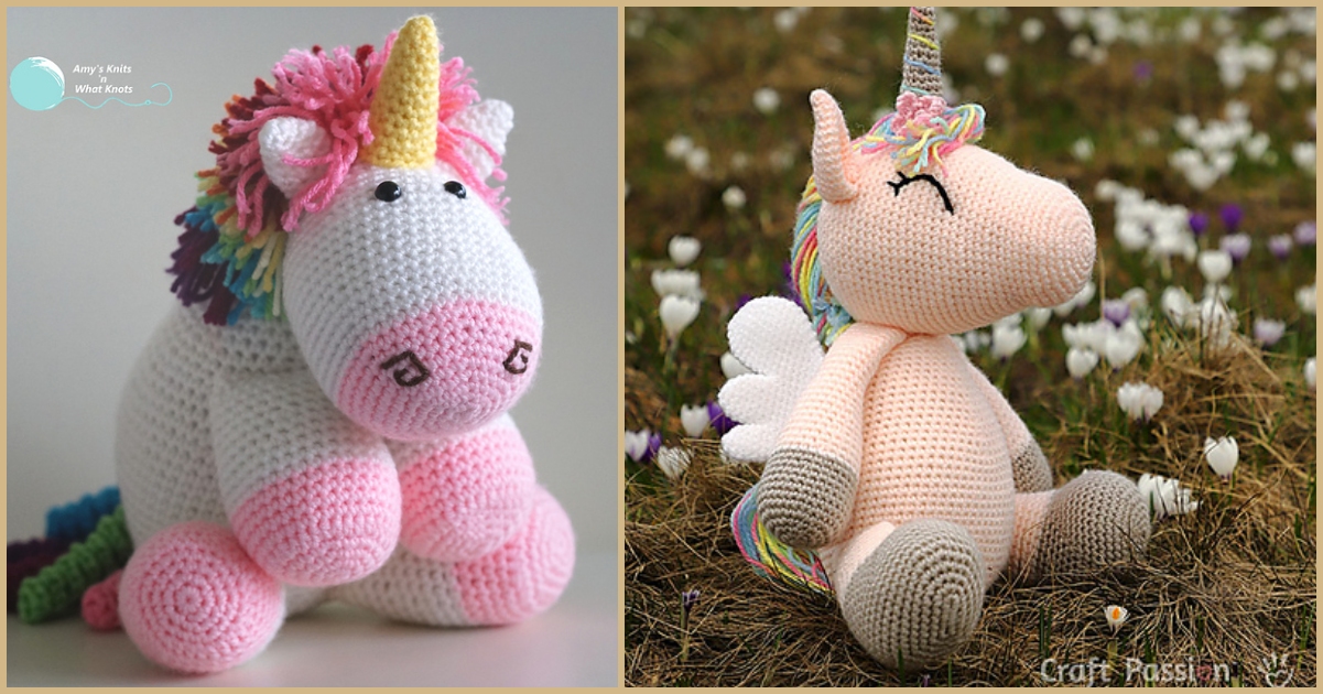 Two crocheted unicorn toys grace a field with flowers. The left crochet unicorn is white and pink with a colorful mane, while the right is beige with wings and a multicolored mane. Discover the magic by creating your own using a free unicorn crochet pattern.