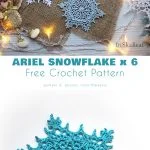 Crochet snowflakes in blue and white are displayed on a burlap cloth, adorned with string lights and seashells. At the bottom, text reads: 