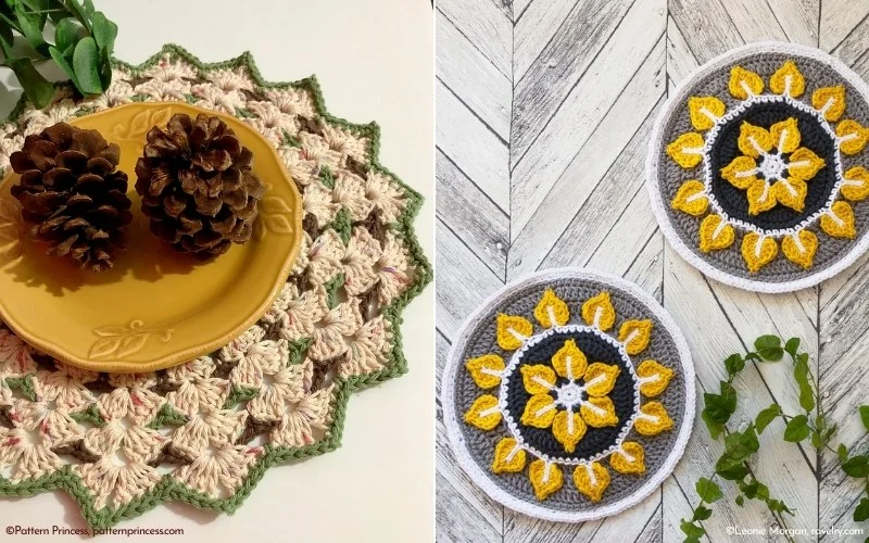 Left: Pinecones rest on a textured crochet doily with a yellow plate. Right: Two round crochet mandalas, showcasing intricate patterns in yellow, gray, and white, are gracefully placed on a wooden surface adorned with green leaves—perfect examples of exquisite doilies crochet patterns.