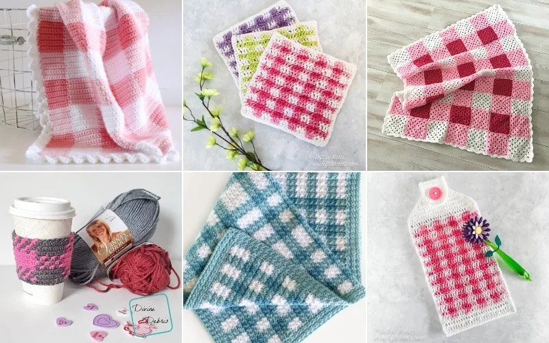 Explore our collection of crochet items, featuring blankets with gingham checkered patterns, colorful pot holders, a charming hot water bottle cover, and a delightful cup cozy with yarn and crochet hook.