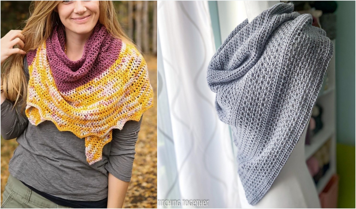 Left: Woman wearing a crocheted autumn shawl in pink and yellow. Right: Gray crochet shawl draped on a hanger, showcasing elegant design. Find inspiration in free crochet patterns this season.