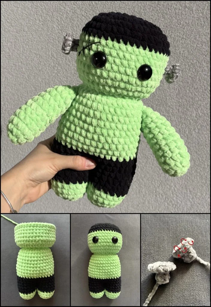 A hand holds a crocheted Frankenstein plushie, with smaller images showing its assembly, perfect for those seeking free crochet patterns for Halloween decor.